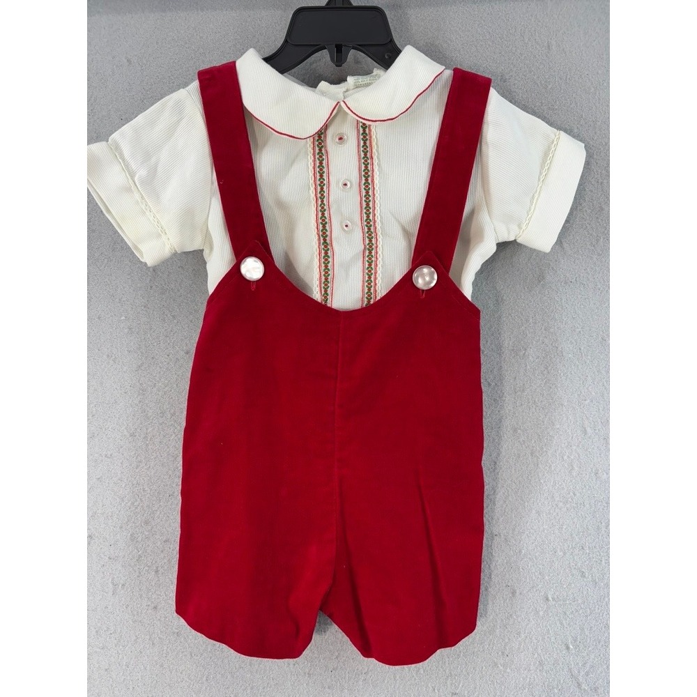VTG Tiny Tots Original Suspender Shorts Set Kids 24M Red White Velvet 4191
